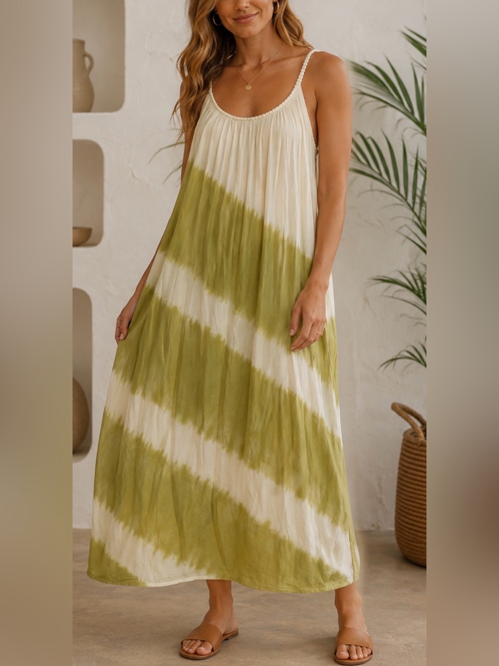 Sand & Spirit Tie Dye Rayon Maxi Dress Boho Lagenlook Olive Green & Ivory 
Sz XL